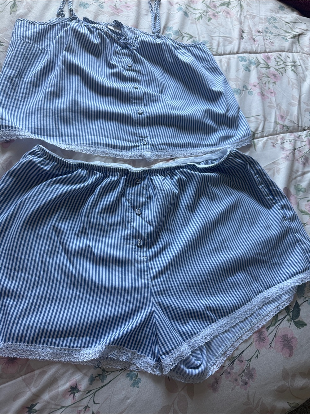 Joyspun Blue white Striped cotton Lace-Trim Sleep Set Women size L so cute